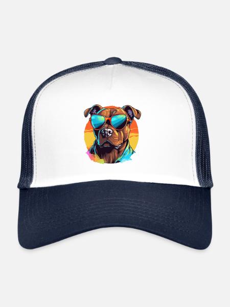 Colorful Pitbull Wearing Sunglasses Dog Lover - Trucker Cap - white/navy - Front