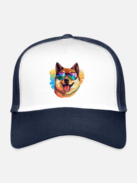 Akita coloré portant des lunettes de soleil amoureux des chiens - Casquette trucker  - blanc/marine - Devant