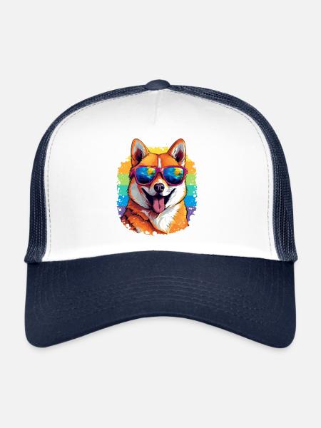 Colorful Akita Wearing Sunglasses Dog Lover - Trucker Cap - white/navy - Front