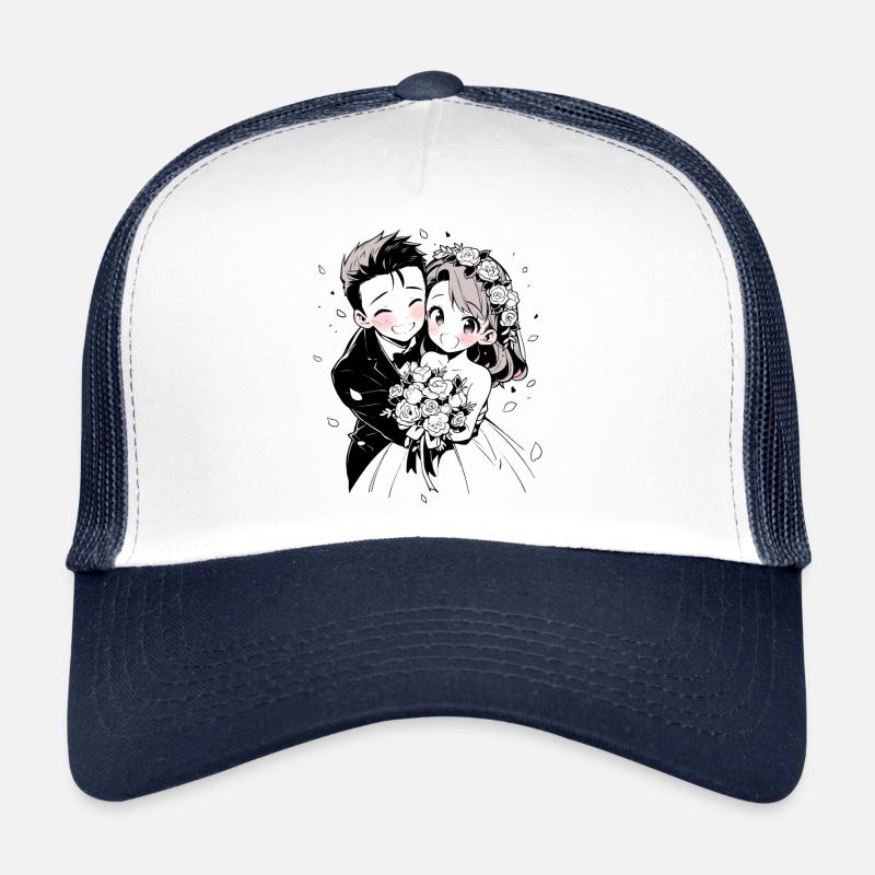Hochzeit Aquarell Anime Chibi Braut und Bräutigam - Trucker Cap - Weiß/Navy