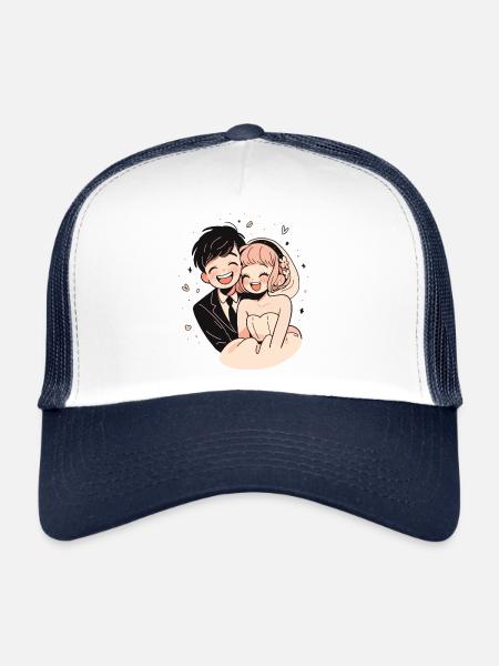 Bride and Groom Wedding Watercolor Anime Chibi - Trucker Cap - white/navy - Front