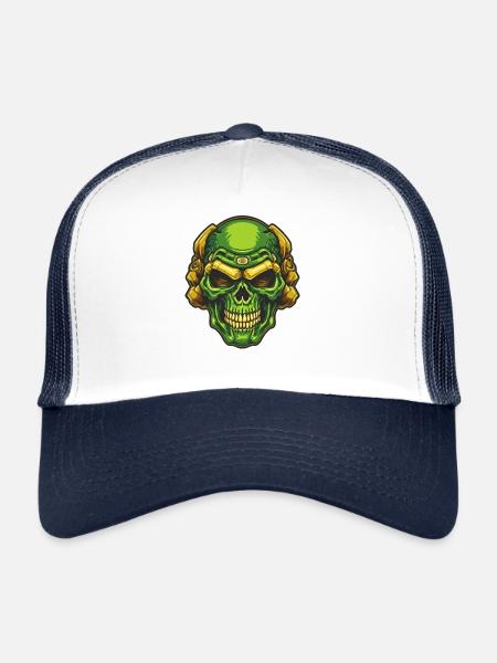 Green and gold grinning skull - Trucker Cap - white/navy - Front