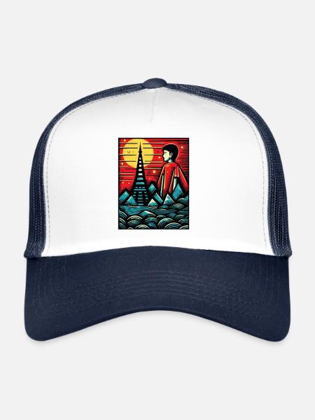 Art de la gravure sur bois, le garçon japonais de Tokyo - Casquette trucker  - blanc/marine - Devant