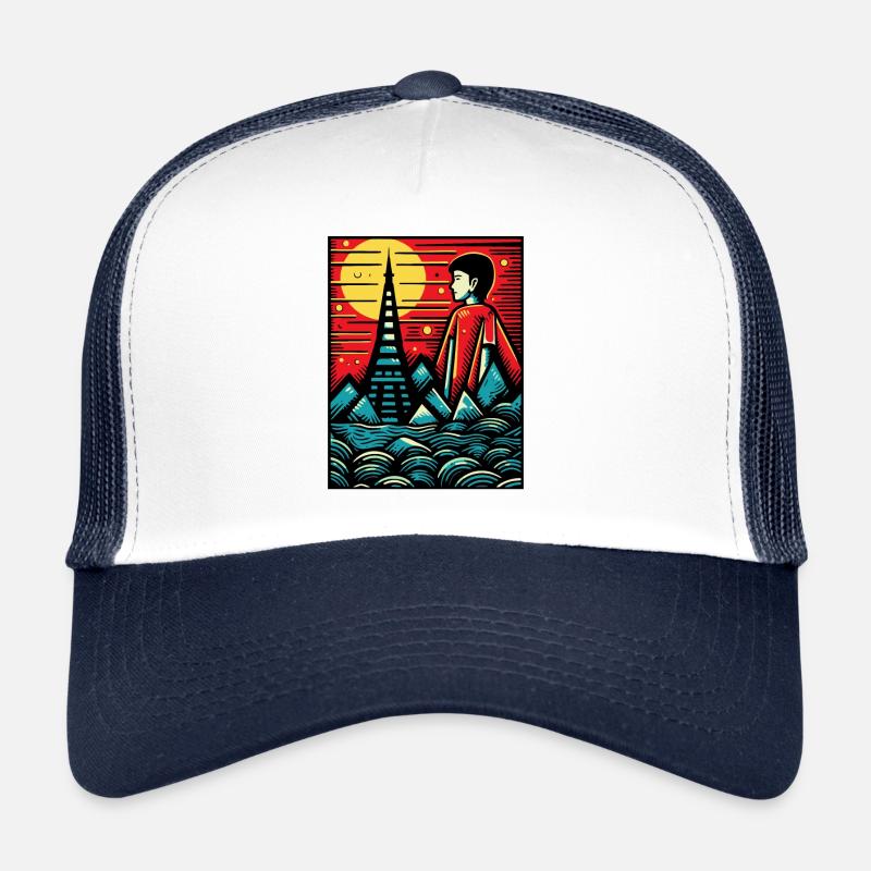 Holzschnitt Kunst, Der japanische Junge aus Tokyo - Trucker Cap - Weiß/Navy