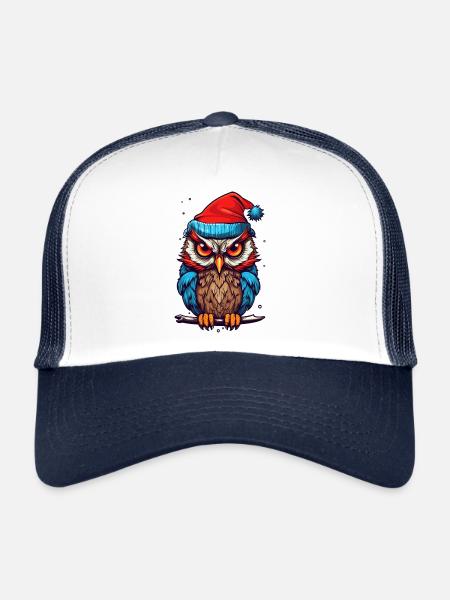 Hibou mignon avec cadeau Kawaii chapeau de père Noël - Casquette trucker  - blanc/marine - Devant