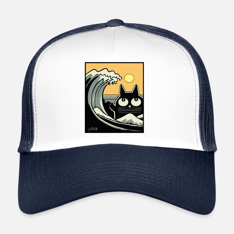 Japan Große Welle Kanagawa Strand Retro Katze - Trucker Cap - Weiß/Navy