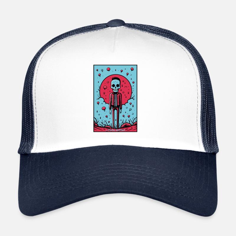 Fashionable skeleton in a desolate landscape Trucker Cap