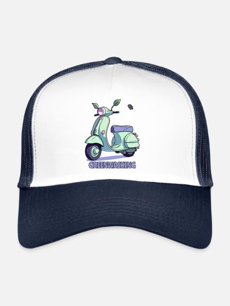 Écoblanchiment de trottinette, balade en trottinette et feuilles - Casquette trucker  - blanc/marine - Devant