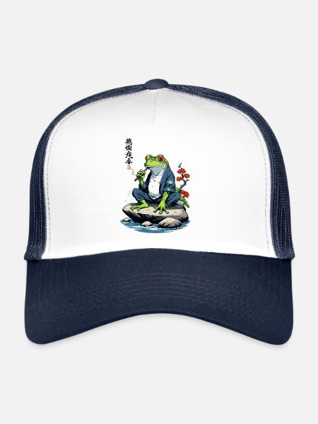 Yokai Grenouille Ukiyo-E Japon Design Rétro - Casquette trucker  - blanc/marine - Devant