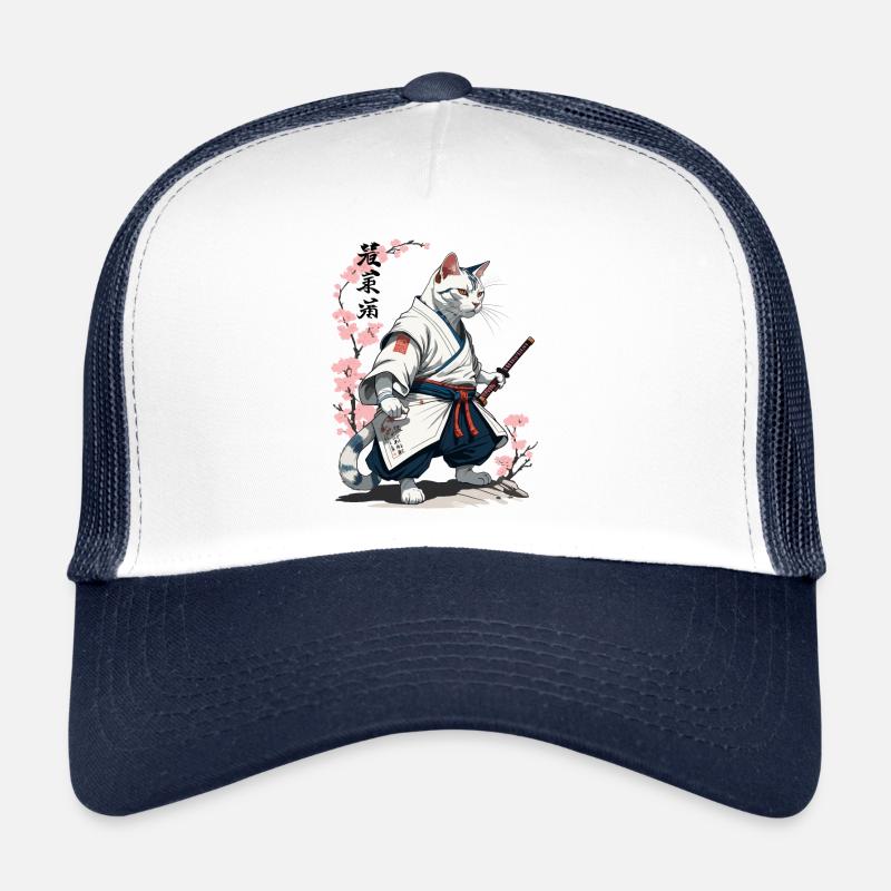 Samurai Katze Retro Japan Anime Kunst Design - Trucker Cap - Weiß/Navy