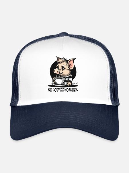 No Coffee, No Work: Funny Pig - Trucker Cap - white/navy - Front
