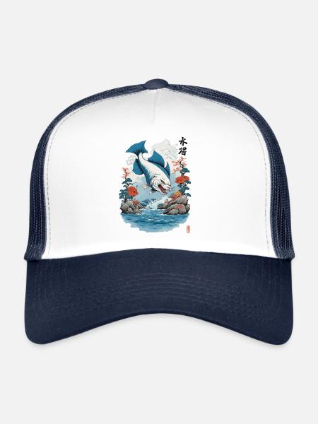 Ukiyo-E Catfish Japan Cat Streetwear Style - Trucker Cap - white/navy - Front