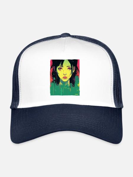 Art de la ville triste : Illustration de femme japonaise - Casquette trucker  - blanc/marine - Devant
