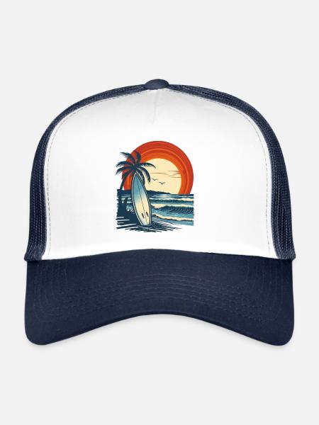 Planche de surf sur la plage au coucher du soleil - Casquette trucker  - blanc/marine - Devant