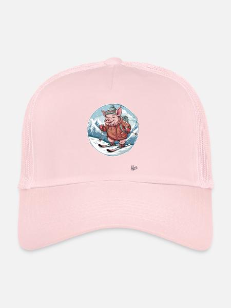 Lustige Winterszene: Skifahrendes Ski Schwein - Trucker Cap - Hellrosa - Vorne