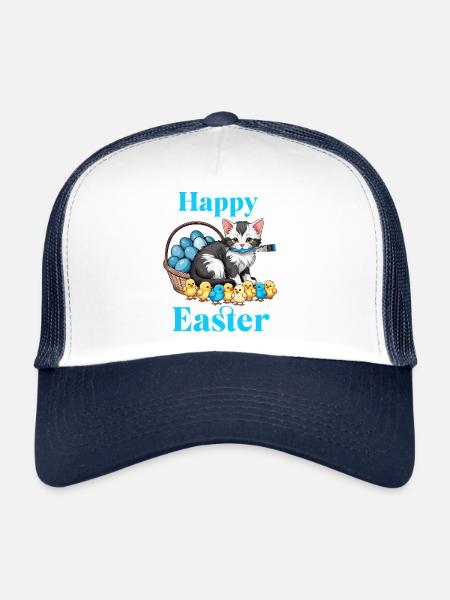 Joyeuses Pâques mignon chat poussin oeufs temps de Pâques - Casquette trucker  - blanc/marine - Devant