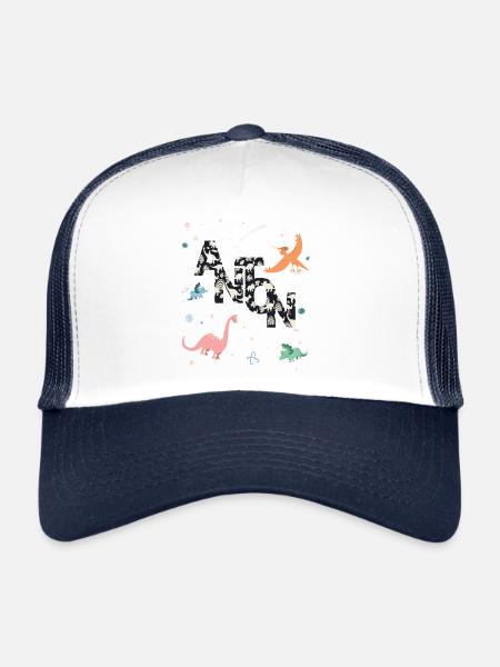 ANTON - Beau prénom de garçon avec dinosaure - Casquette trucker  - blanc/marine - Devant