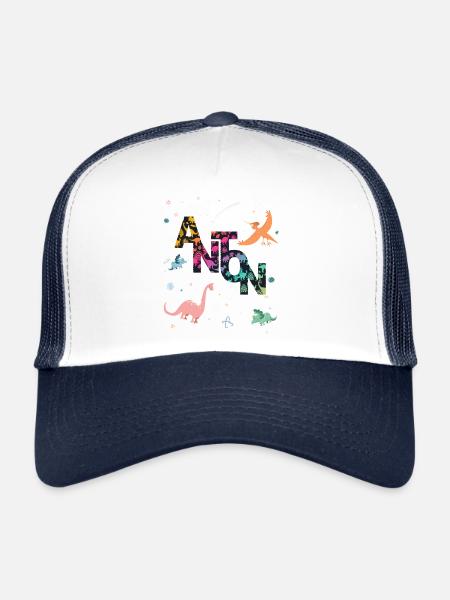 ANTON - Beau prénom de garçon avec dinosaure - Casquette trucker  - blanc/marine - Devant