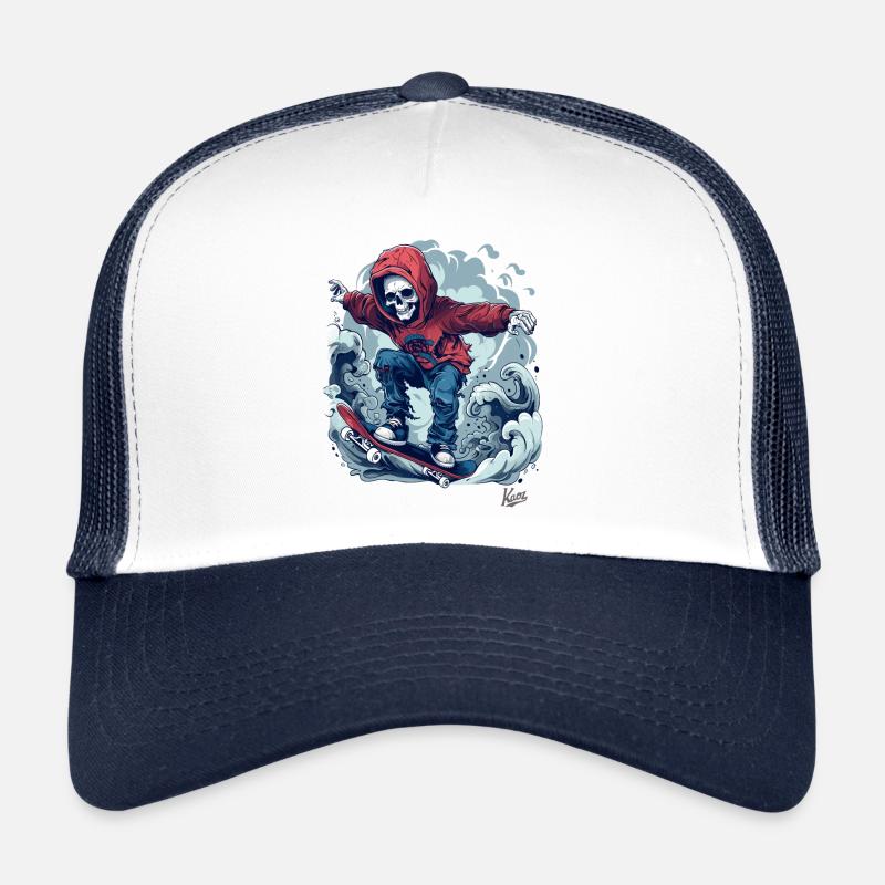 Cooler Skater-Skelett beim Skateboarden im Himmel Trucker Cap