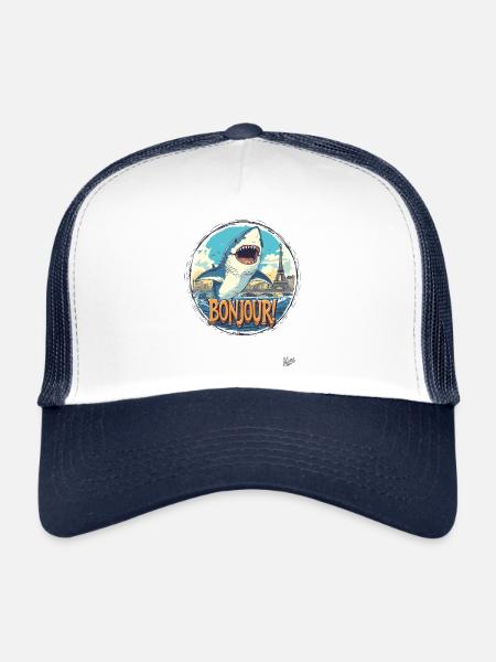 Bonne journée! Le requin dans la Seine dit Bonjour ! - Casquette trucker  - blanc/marine - Devant