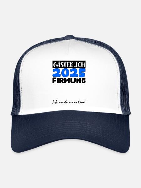 Confirmation 2025 livre d'or cadeau filles garçons - Casquette trucker  - blanc/marine - Devant