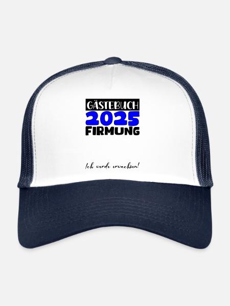 Confirmation 2025 livre d'or cadeau filles garçons - Casquette trucker  - blanc/marine - Devant