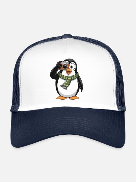 Pingouin mignon avec appareil photo pour les amoureux des animaux - Casquette trucker  - blanc/marine - Devant