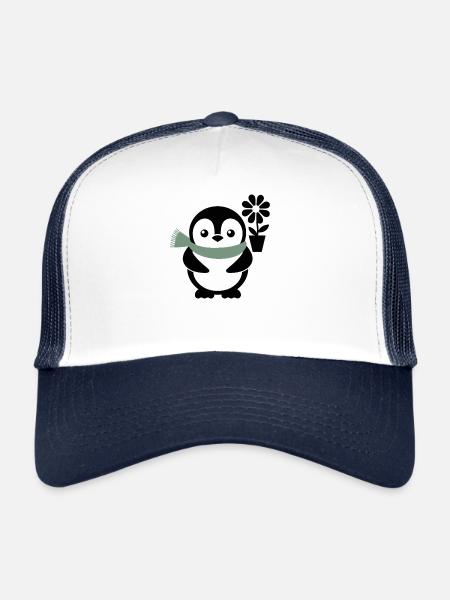 Pingouin mignon avec fleur pour tout le monde - Casquette trucker  - blanc/marine - Devant