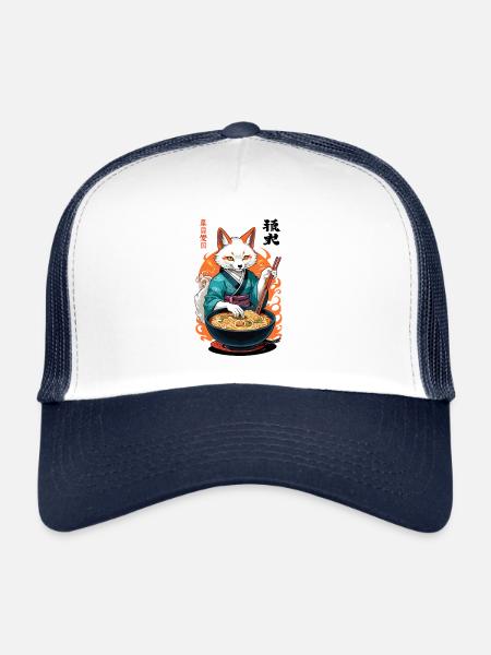 Kitsune Ramen Noodles Kawaii Japan Retro Ukiyo-e - Trucker Cap - white/navy - Front