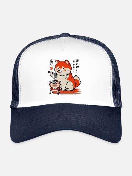 Shiba chien aime les nouilles ramen rétro ukiyo-e - Casquette trucker  - blanc/marine