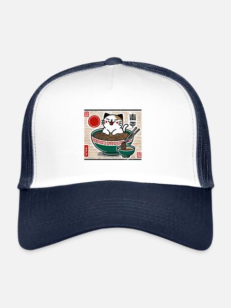 Ramen Japonais Cat Ukiyo-E Streetwear - Casquette trucker  - blanc/marine - Devant