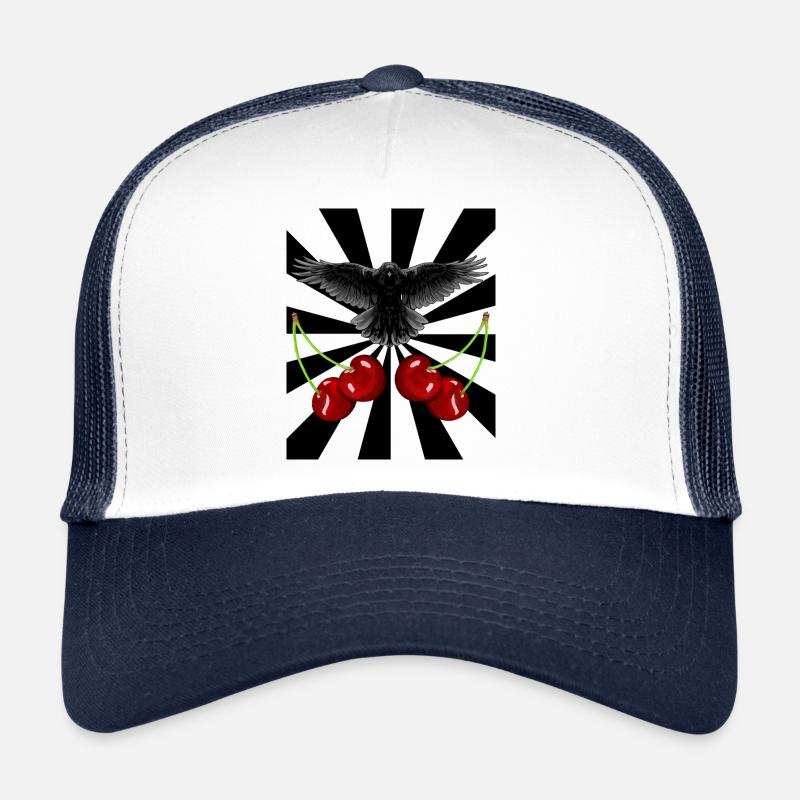 Rockabilly Retro Rabe Krähe Raben Kirschen - Trucker Cap - Weiß/Navy