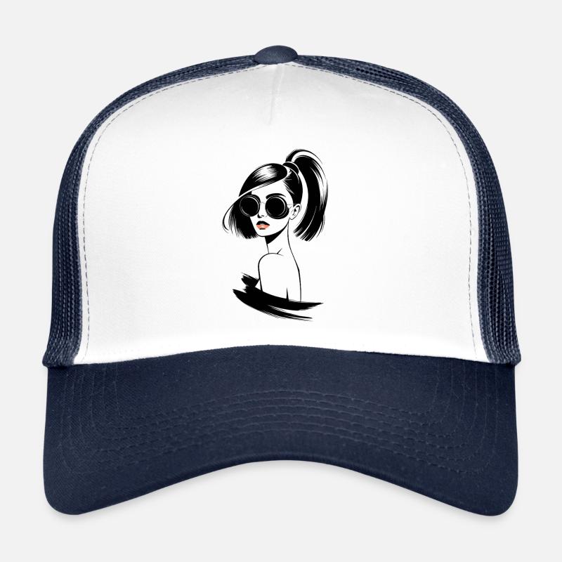 Femme élégante avec lunettes de soleil et queue de cheval Casquette trucker 