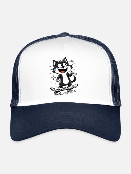 Skateur Skateur Chat Skateboard Patinage - Casquette trucker  - blanc/marine - Devant