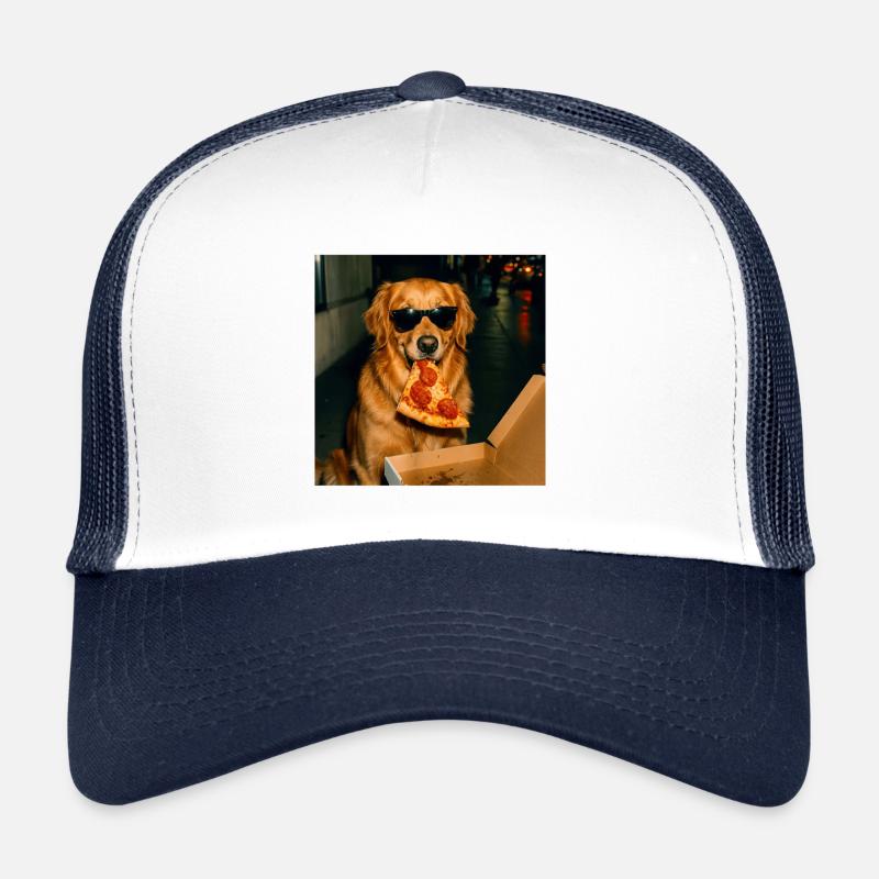 Funny Golden Retriever Dog Eating Pizza Meme Trucker Cap
