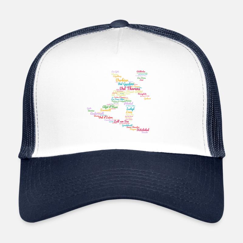 Stations de ski Alpes, nuage de mots, snowboard - Casquette trucker  - blanc/marine