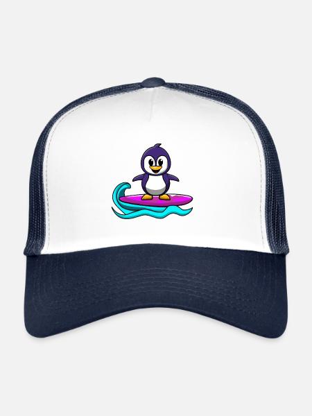 Pingouin kawaii mignon sur une planche de surf - Casquette trucker  - blanc/marine - Devant
