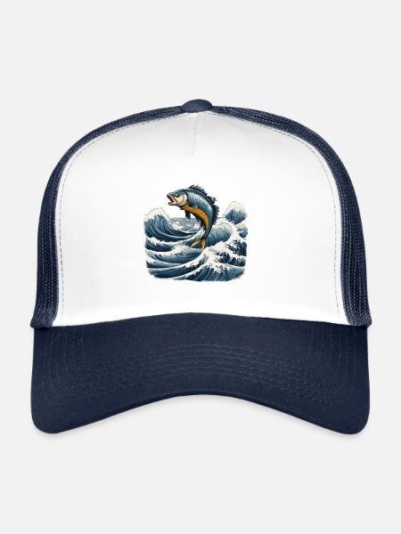 Ukiyo-e Angler Vintage vagues poisson Art Design - Casquette trucker  - blanc/marine - Devant