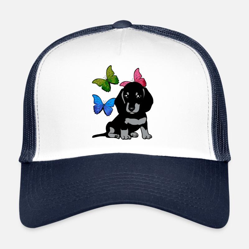 Hunde Frühling Dackel Hund Schmetterlinge - Trucker Cap - Weiß/Navy
