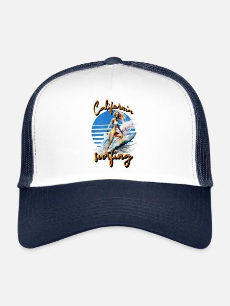 California Surfing Surfer Girl Vintage Sunset - Casquette trucker  - blanc/marine - Devant