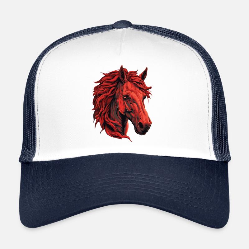 Rotes Pferd Porträt - Lebhaftes Tier-Design - Trucker Cap - Weiß/Navy