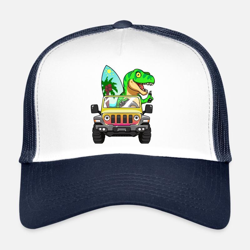 Cool, Motorist Dinosaur, Dino, T Rex, - Trucker Cap - white/navy