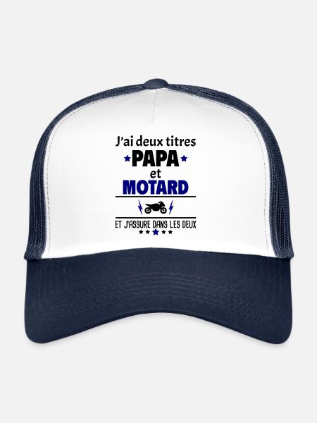 Deux titres papa et motard, fête des pères, noël - Casquette trucker  - blanc/marine - Devant