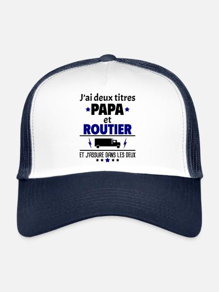 Deux titres papa et routier, fête des pères, noël - Casquette trucker  - blanc/marine - Devant