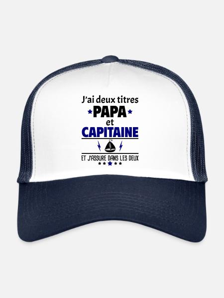 Deux titres papa et capitaine,fête des pères, noël - Casquette trucker  - blanc/marine - Devant