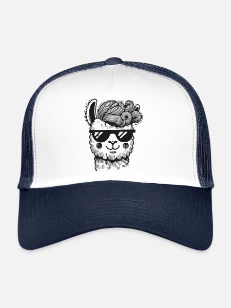 Lama alpaga coquin avec coiffure hipster - Casquette trucker  - blanc/marine - Devant
