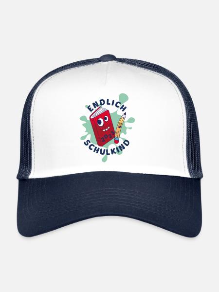 Endlich Schulkind 2025 - lustiges Buch und Stift - Trucker Cap - Weiß/Navy - Vorne