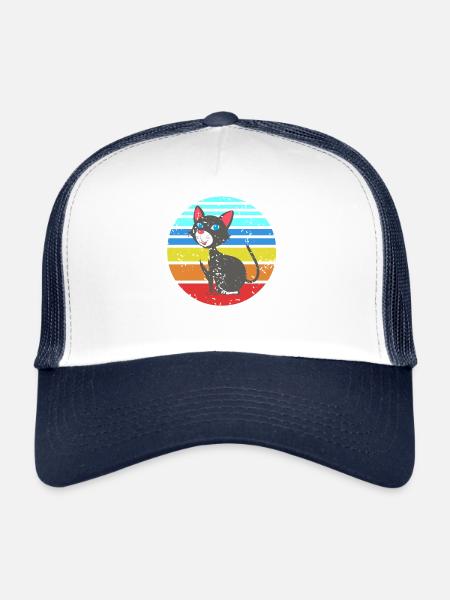 Retro Happy Cat Rainbow Vintage Cartoon Feline - Trucker Cap - white/navy - Front