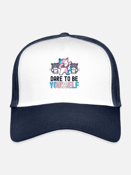 Dare To Be Yourself Transgender Pride Kawaii Cat - Trucker Cap - white/navy - Front