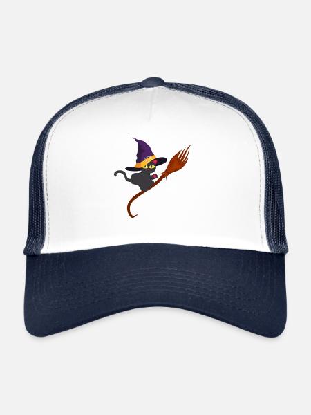 Cat witch a cat witch on the broom Halloween - Trucker Cap - white/navy - Front